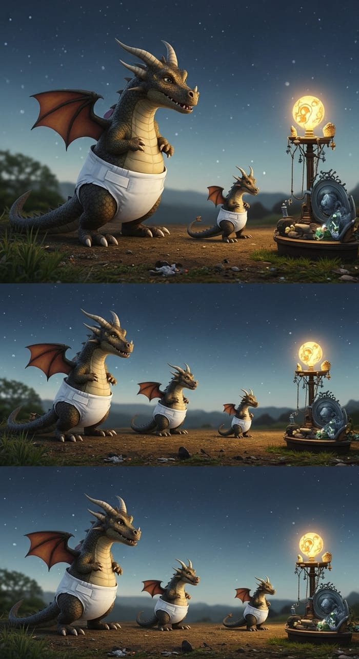 Shrinking Dragon in White Diaper Metamorphosis