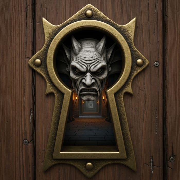 Malevolent Gargoyle Peeking Through Old Brass Keyhole Malevolent Gargoyle Peeking Through Old Brass Keyhole