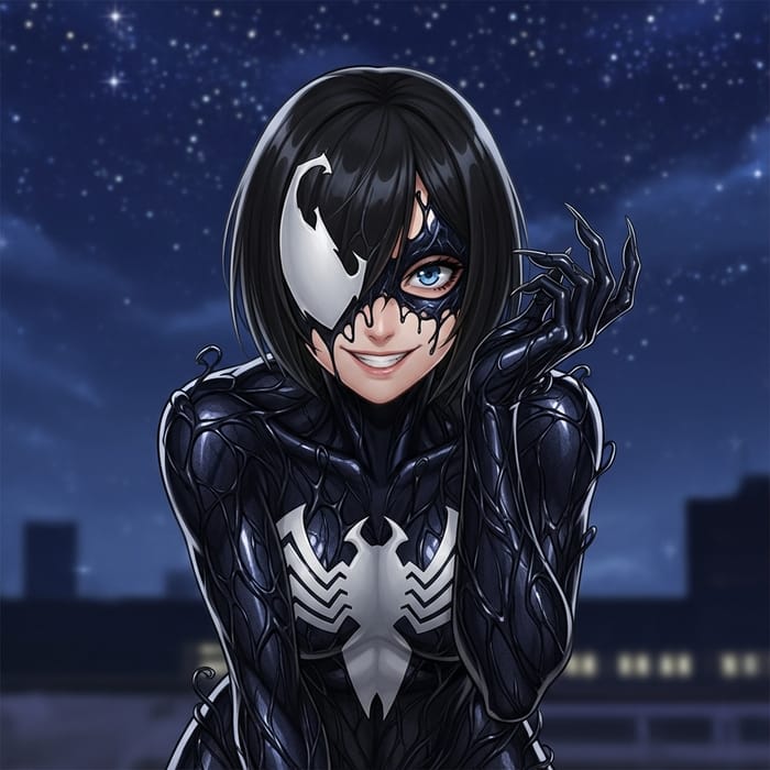 Teagan Croft as Raven in Black Symbiote Costume: Night Grin Shot