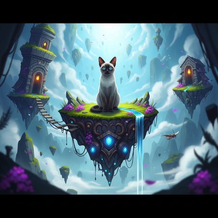 Captivating Siamese Cat on Mystical Floating Island - Fantasy Art