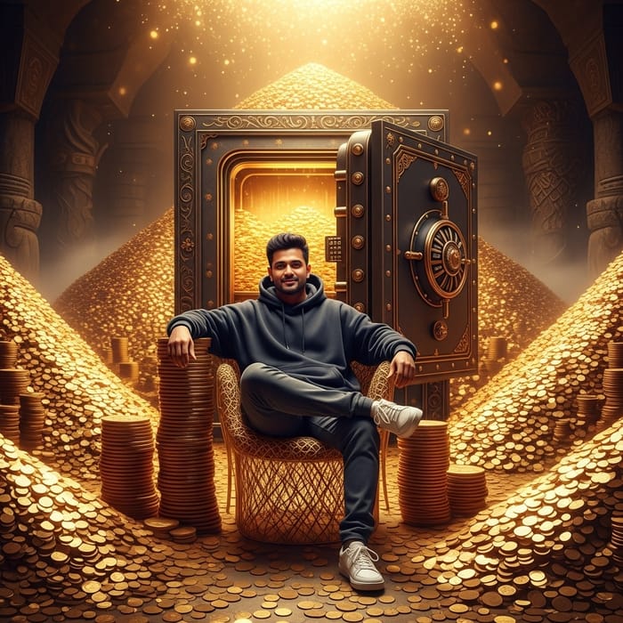 South Asian Man Amid Golden Coins | Vintage Safe Fantasy. Grand Scenery South Asian Man Amid Golden Coins | Vintage Safe Fantasy. Grand Scenery