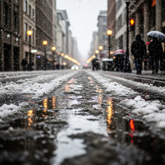 Snowy Rainy Street Scene: Winter City