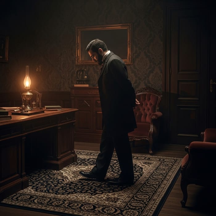 Man Walking in 1890-style Room with Gloomy Expression