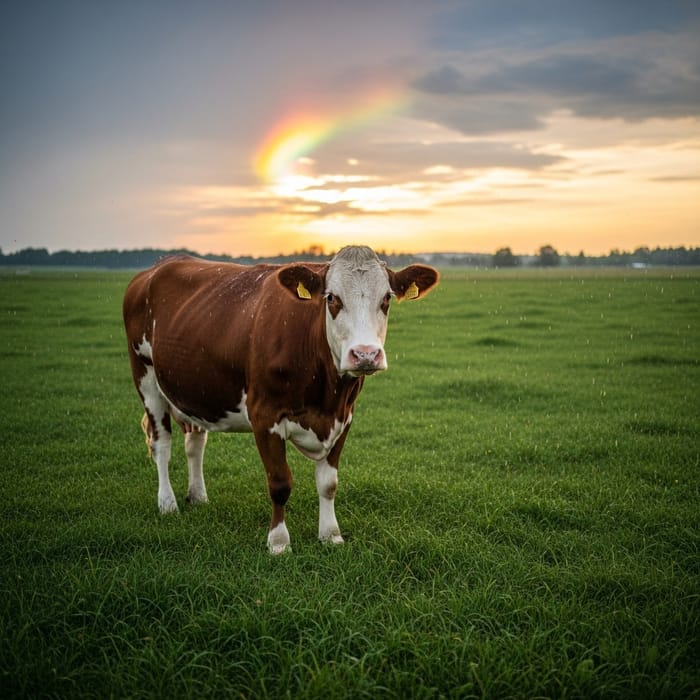 Tranquil Cow in Rain on a Green Pastures Landscape