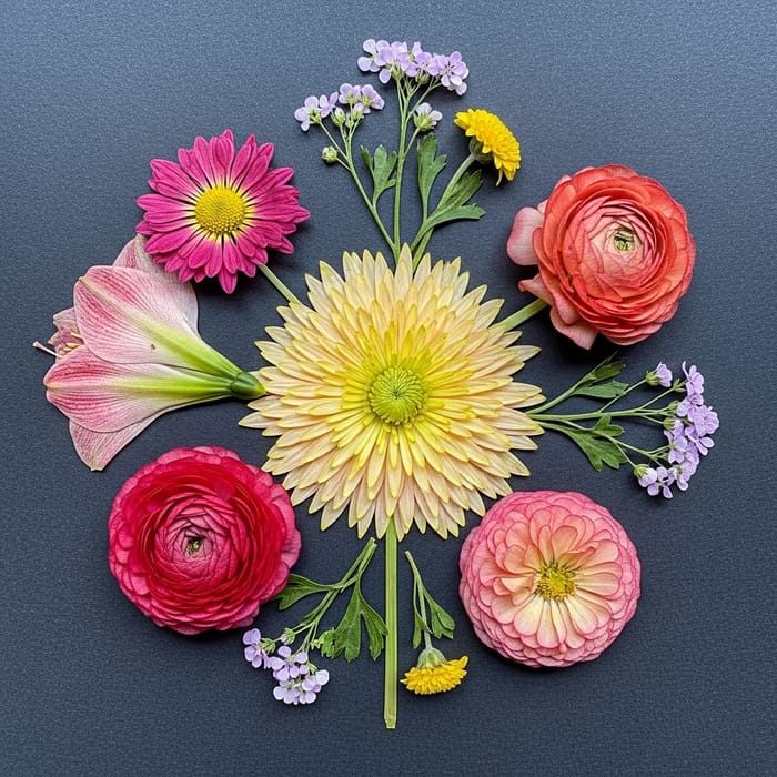 Detailed Botanical Photography of Colorful Pressed Flower Bouquet Detailed Botanical Photography of Colorful Pressed Flower Bouquet