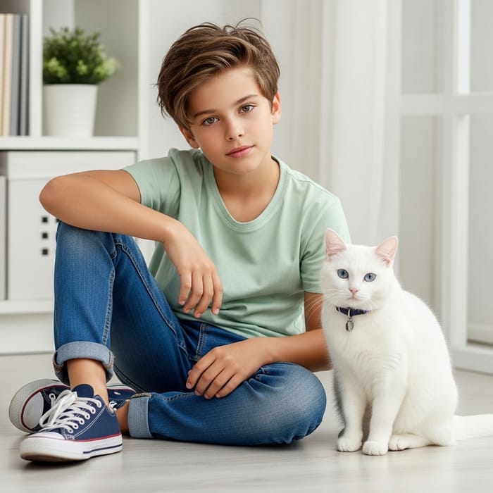 Aesthetic Caucasian Boy with White Cat