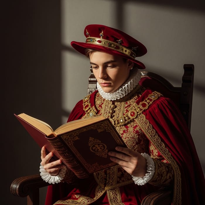 Young Prince Engrossed in Vintage Book with Rembrandt Touch Young Prince Engrossed in Vintage Book with Rembrandt Touch