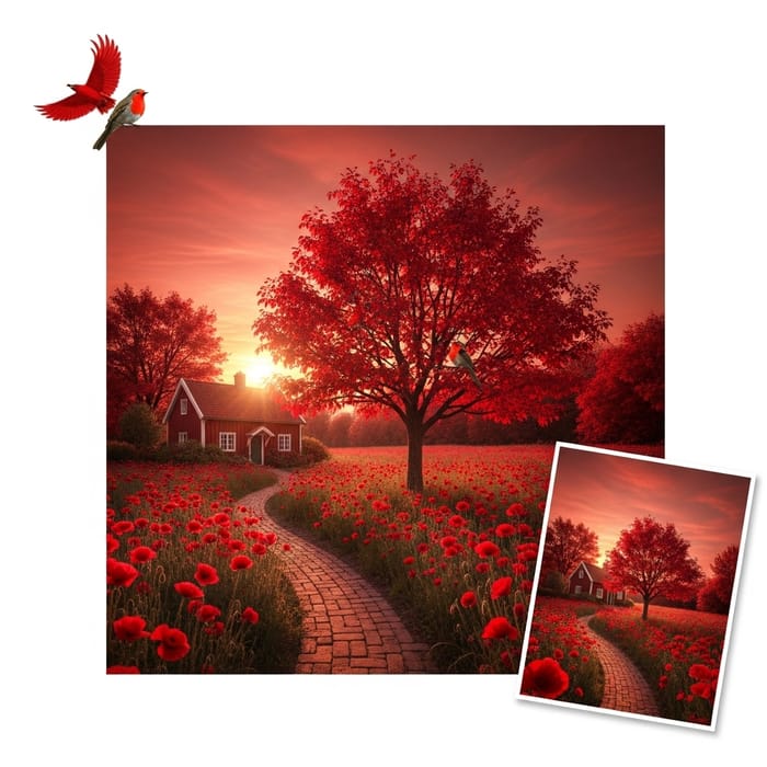 Tranquil Red of Nature: Poppies, Robin & Red Setting