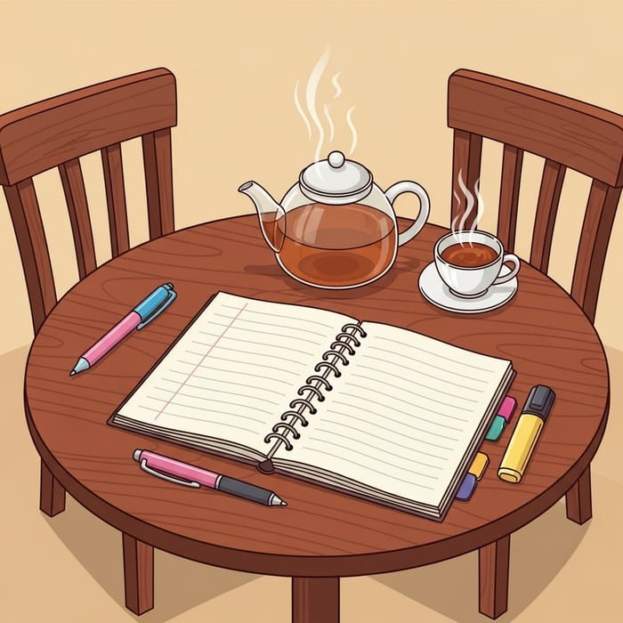 Journal, Pens, Tea on Cherry Table - Relaxing Writing Environment Journal, Pens, Tea on Cherry Table - Relaxing Writing Environment