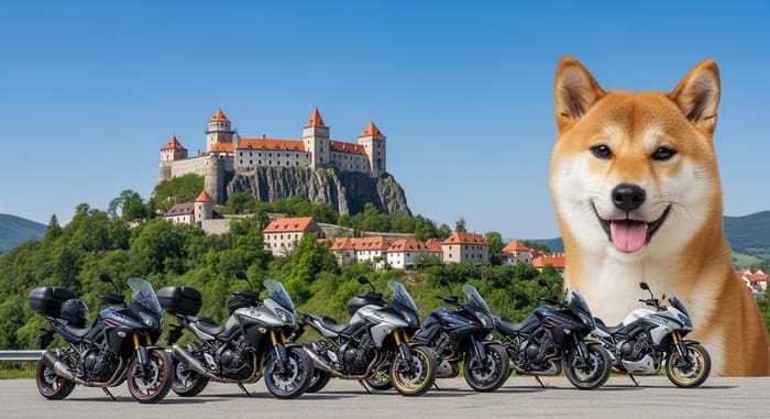Shiba Inu Dog in Slovakian Landscape with Castle and Motorcycles Shiba Inu Dog in Slovakian Landscape with Castle and Motorcycles