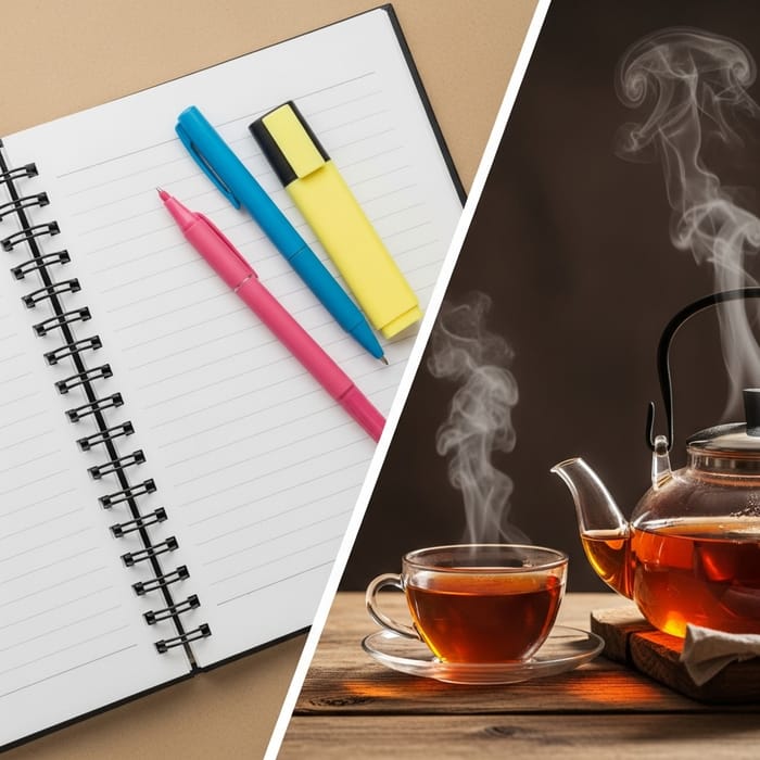 Spiral Journal with Writing Pens, Tea Set, and Steamy Tea Cup