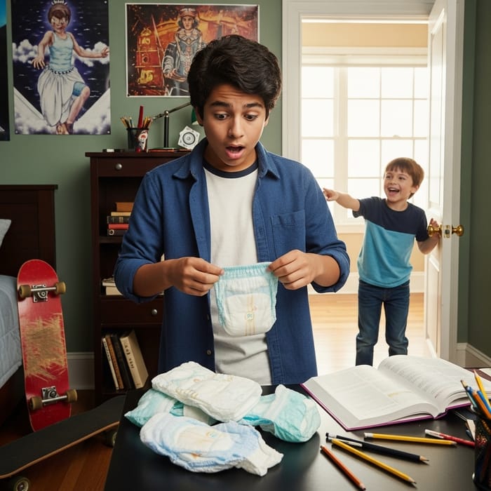 Surprised 13-Year-Old Hispanic Boy Caught with Diapers by Younger Brother Surprised 13-Year-Old Hispanic Boy Caught with Diapers by Younger Brother
