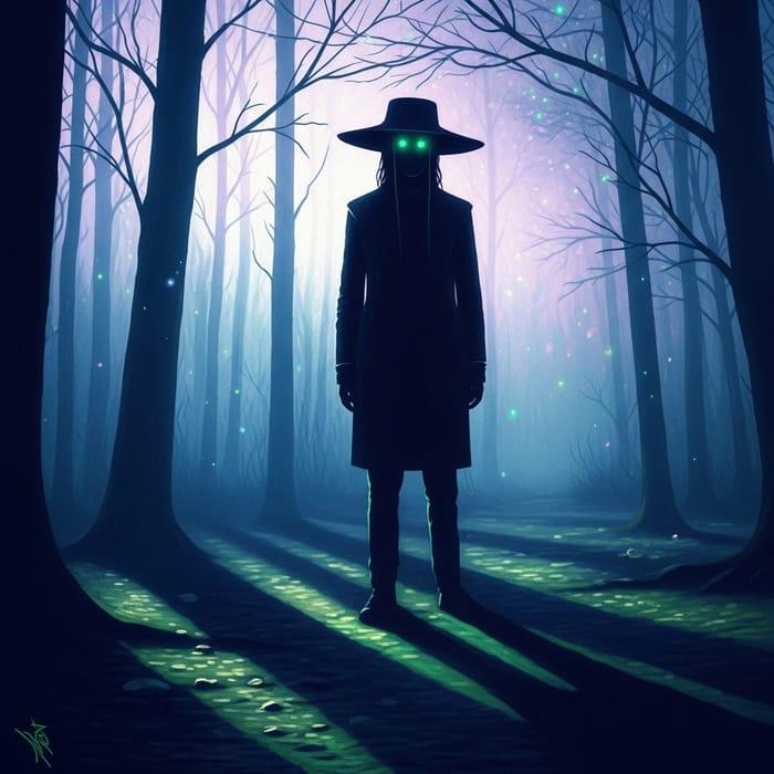 Mysterious Figure in Vibrant Forest - Salvador Dali Style