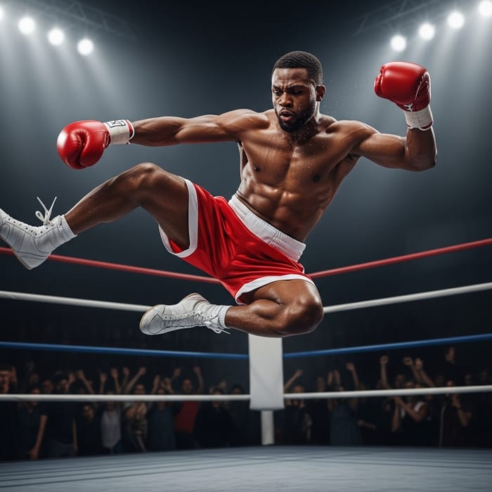 Muscular African Man in Boxing Attire Performing Athletic Stunt Muscular African Man in Boxing Attire Performing Athletic Stunt
