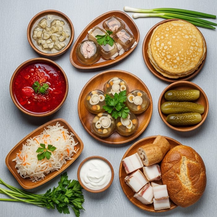 Traditional Ukrainian Dishes on Wooden Table