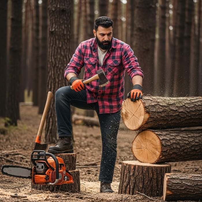 Robust Middle-Eastern Lumberjack in Pink Flannel Shirt Robust Middle-Eastern Lumberjack in Pink Flannel Shirt