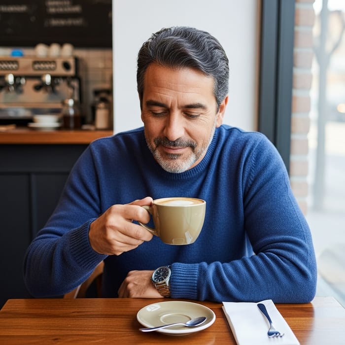 Tranquil Cafe Scene: Serene Hispanic Man with Coffee Tranquil Cafe Scene: Serene Hispanic Man with Coffee