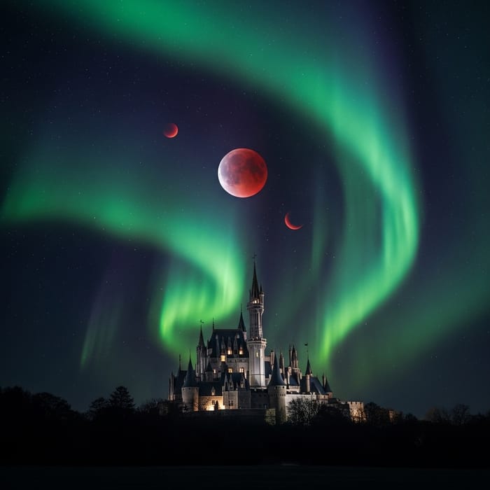 Hauntingly Beautiful Red Eclipse & Aurora Borealis Over Castle Hauntingly Beautiful Red Eclipse & Aurora Borealis Over Castle
