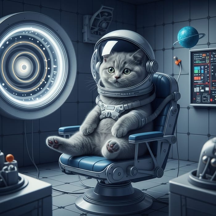 Gray British Kitten Training for Space Journey in Astronautics Lab