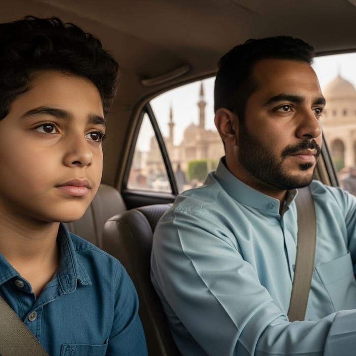 Father and Son Silent Drive Through Egypt: Dramatic Lighting Father and Son Silent Drive Through Egypt: Dramatic Lighting