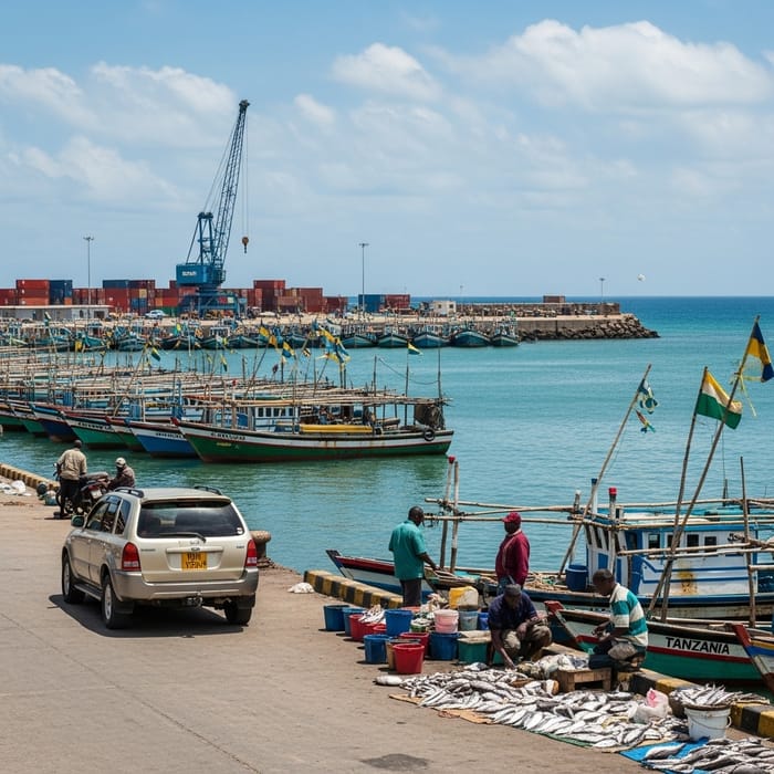 Tanzania Waterfront with Colorful Boats and Trade Activity Tanzania Waterfront with Colorful Boats and Trade Activity