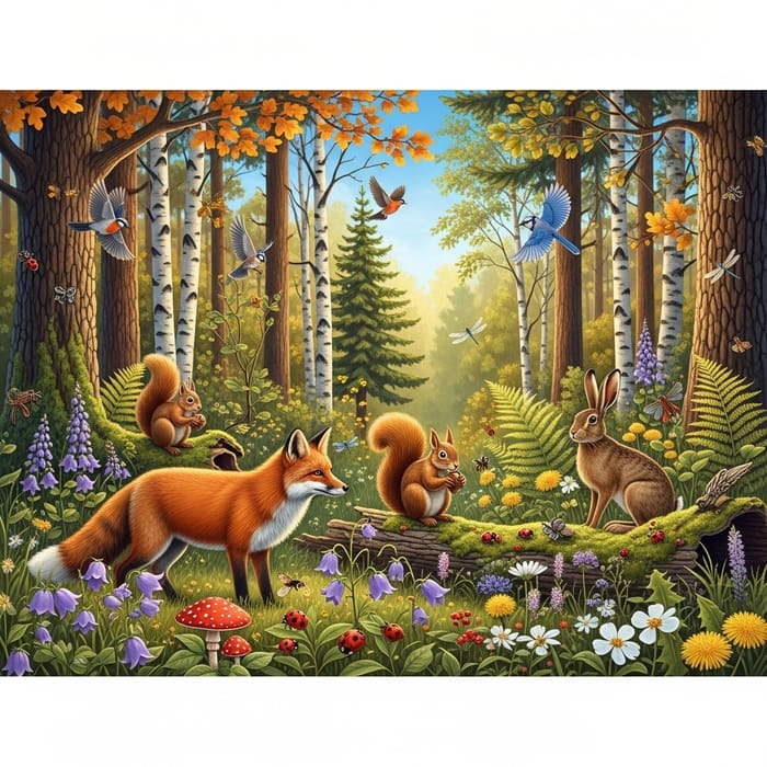 Enchanting Forest Scene with Animals, Trees, and Birds