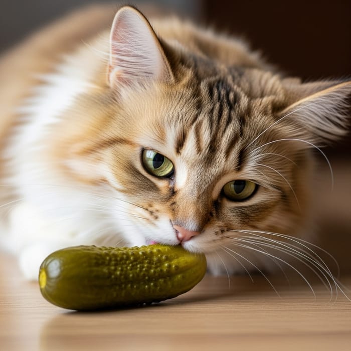 Fluffy Cat Eating Salty Pickle - Cute Cat Snacking on Pickle