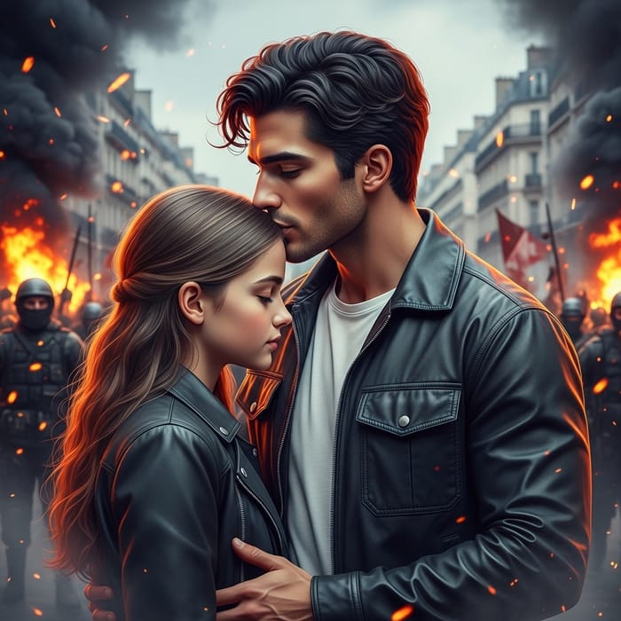 Fiery Protest Love Moment in Paris | Man & Girl Kissing Fiery Protest Love Moment in Paris | Man & Girl Kissing