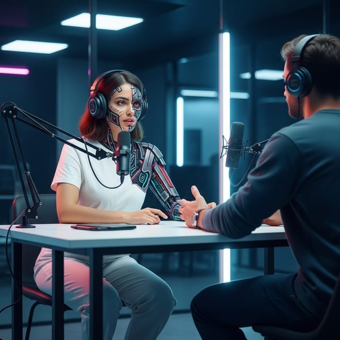 Futuristic Middle Eastern Woman Making Podcast with Cybernetic Features Futuristic Middle Eastern Woman Making Podcast with Cybernetic Features