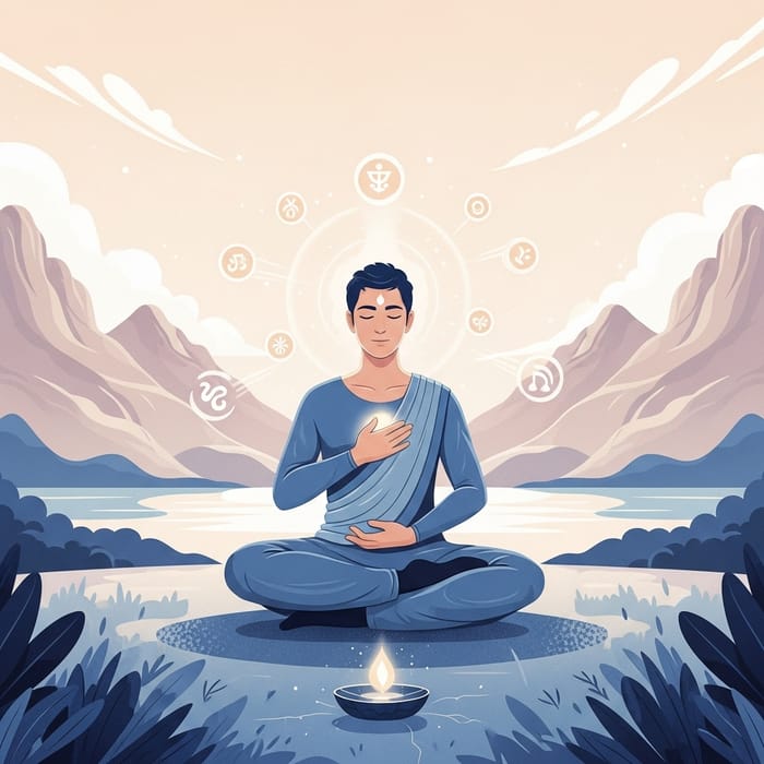Serene Meditation Scene with Universal Descent Figure Serene Meditation Scene with Universal Descent Figure