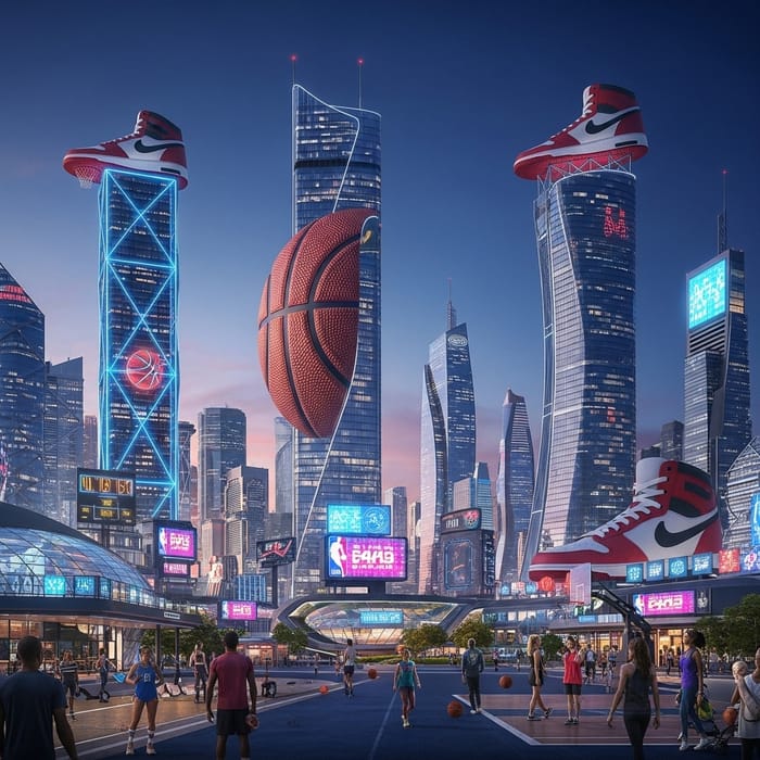 Futuristic Basketball Themed City Skyline | Urban Hoop Dreams Reimagined Futuristic Basketball Themed City Skyline | Urban Hoop Dreams Reimagined