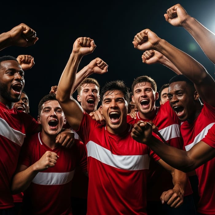Energetic Football Players Celebrating Goal in Red Jerseys