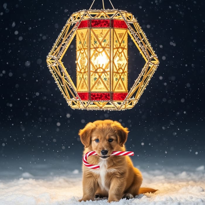 Magical Christmas Parol Scene with Playful Puppy Magical Christmas Parol Scene with Playful Puppy