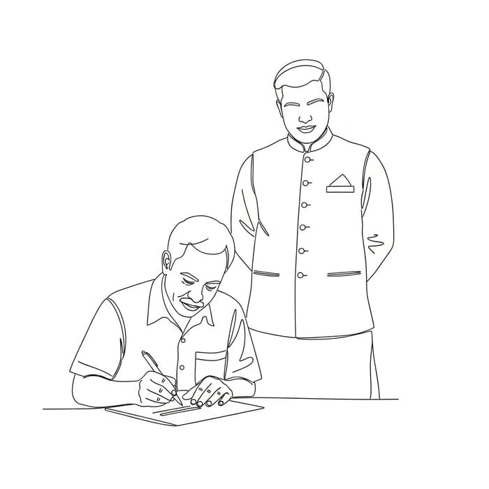 Simple Line Drawing of Middle-Aged Man Writing with Vesti Sattai Simple Line Drawing of Middle-Aged Man Writing with Vesti Sattai