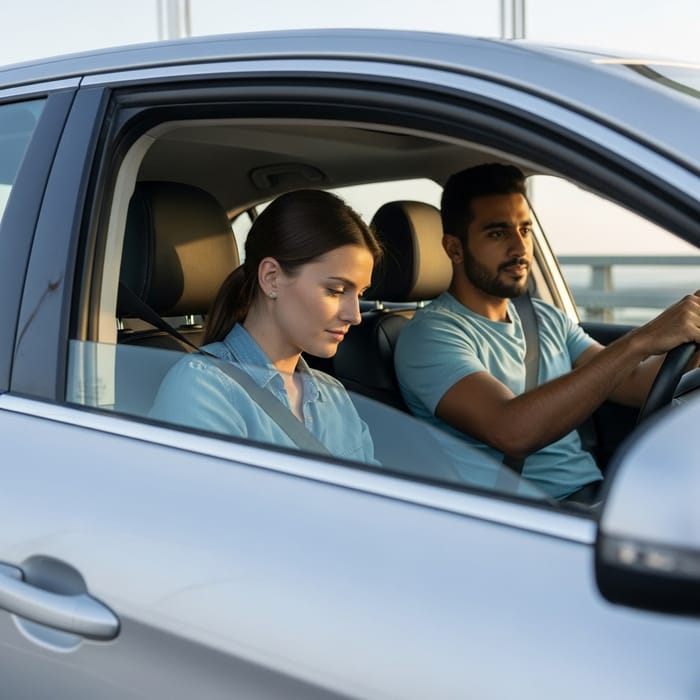 Candid Moment: Diverse Couple in Car on Bridge