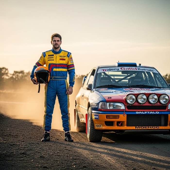 Caucasian Rally Car Driver in Colorful Suit from 90s Caucasian Rally Car Driver in Colorful Suit from 90s