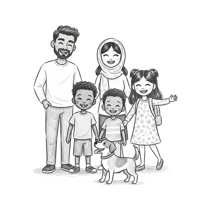 Diverse Stick-Figure Family of Color with Dog - Joyful Scene