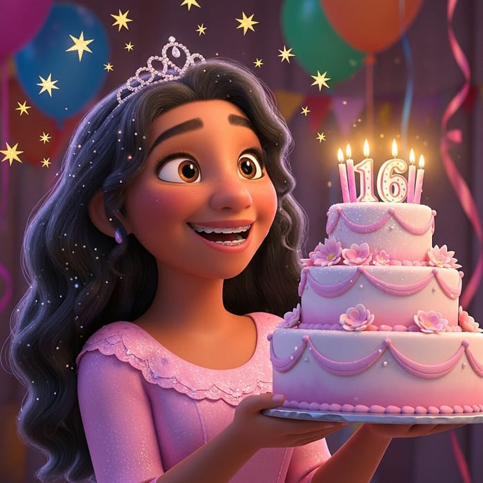 Sweet 16 Birthday Princess Celebrating with Cake and Smiles Sweet 16 Birthday Princess Celebrating with Cake and Smiles
