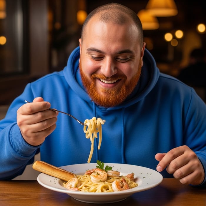 Robust Man Delights in Shrimp Alfredo Feast Robust Man Delights in Shrimp Alfredo Feast