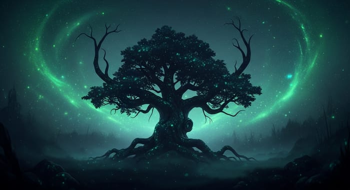 Dark Whimsical Tree in Vivid Mist with Bioluminescent Sparkles Dark Whimsical Tree in Vivid Mist with Bioluminescent Sparkles