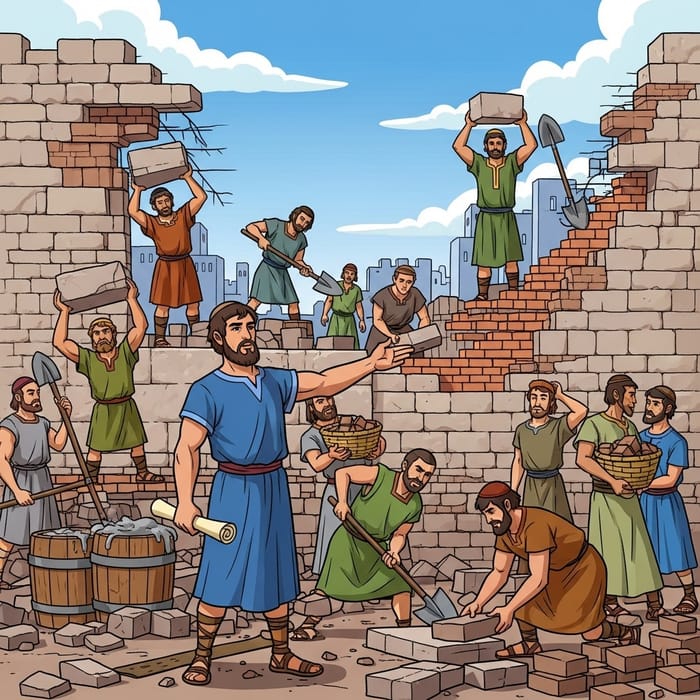 Cartoon Reconstruction: Nehemiah and Crew Rebuilding Wall Cartoon Reconstruction: Nehemiah and Crew Rebuilding Wall