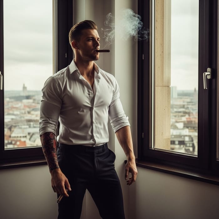 Captivating Berlin Gentleman in Silk Shirt with Intricate Tattoo Captivating Berlin Gentleman in Silk Shirt with Intricate Tattoo