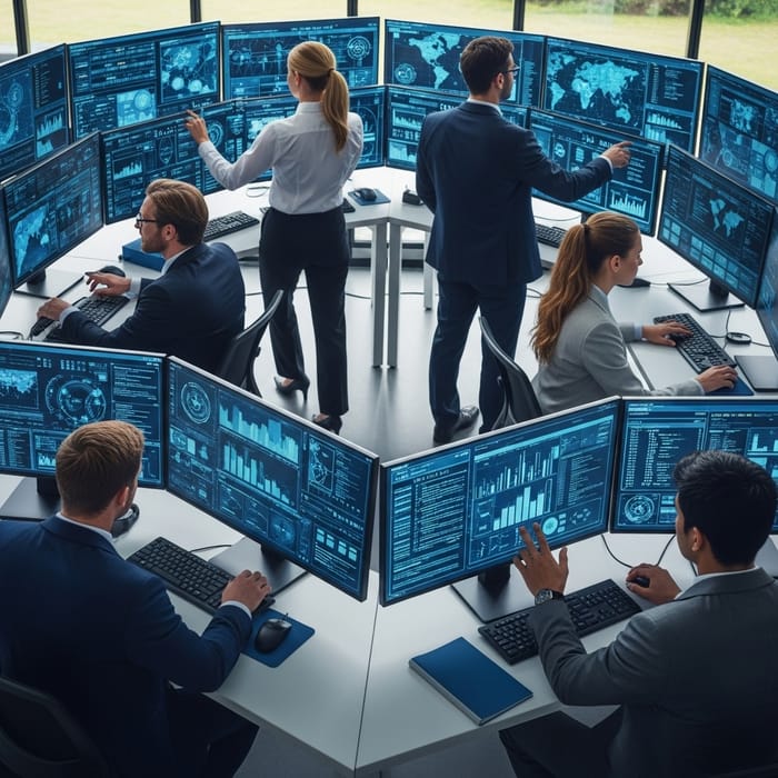 Diverse Cybersecurity Team in Action: Real-life Threat Hunting Scene