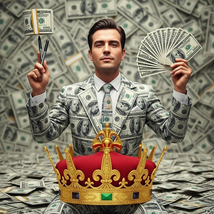 Caucasian Man Balancing Pens in Hand with 100 Dollar Bundle