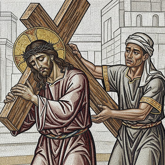 Mosaic: Jesus Carrying Cross with Helping Hand Depicted Mosaic: Jesus Carrying Cross with Helping Hand Depicted