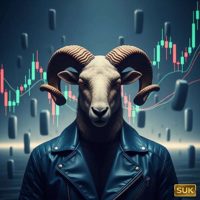 Ram Head Man in Blue Leather Jacket | Candlesticks Chart Background