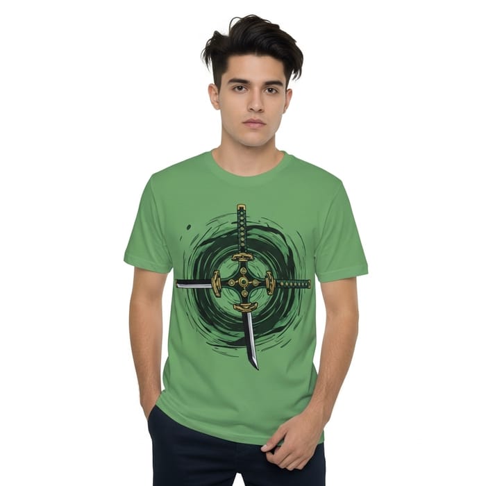 Young Man with Abstract Green Three-Sword Motif T-Shirt Young Man with Abstract Green Three-Sword Motif T-Shirt