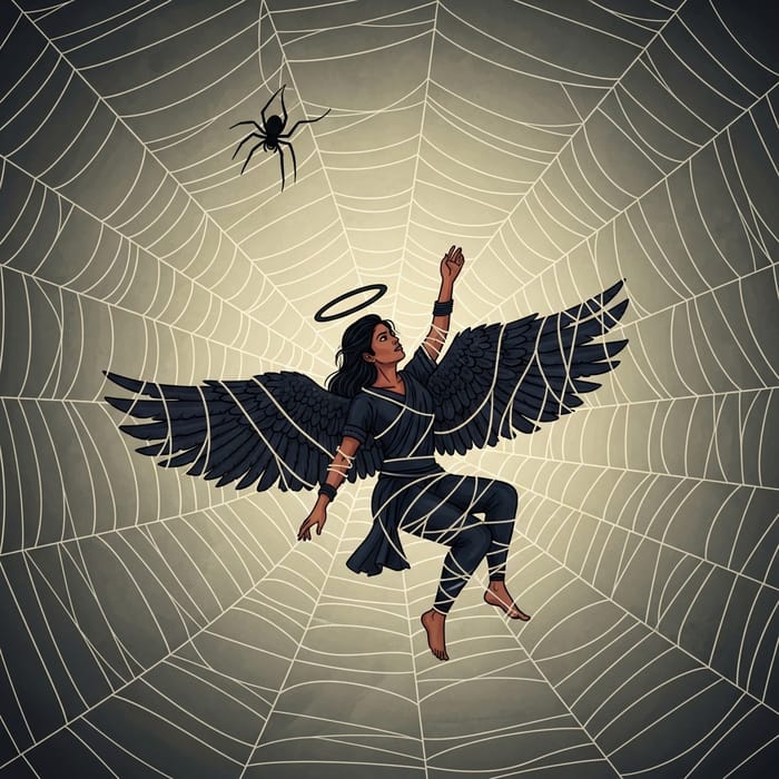 Intricate Spider Web with Dark Angel Reaching for Halo Intricate Spider Web with Dark Angel Reaching for Halo