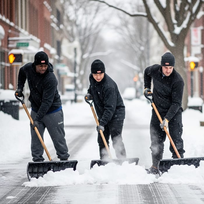 Men Shoveling Snow Professionally | Urban Winter Scene Men Shoveling Snow Professionally | Urban Winter Scene