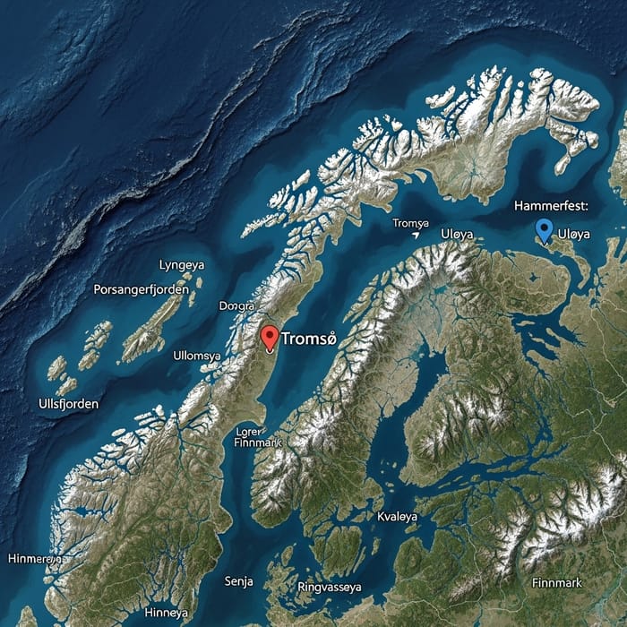True-to-Scale Satellite Map of Northern Norway with Tromsø, Uløya, and Hammerfest True-to-Scale Satellite Map of Northern Norway with Tromsø, Uløya, and Hammerfest